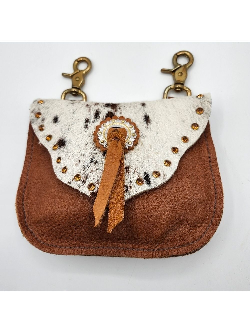 Brown and White Cow Hide Leather Saddle Bag Brass Hardwear